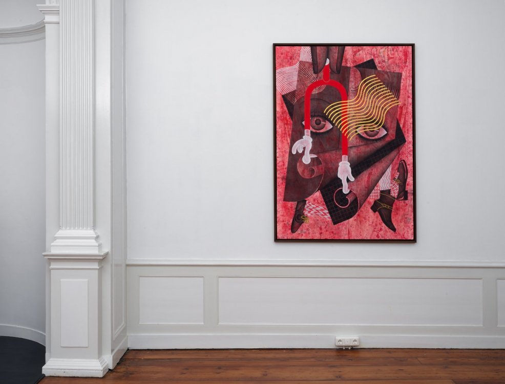 Jen Liu, Pink Slime Caesar Shift: Eyes Without a Face, 2018. Acrylic ink, acrylic gouache, and gold acrylic on paper, 183 x 129,5 cm. Photo: Gert Jan van Rooij. Jen Liu, Pink Slime Caesar Shift: Eyes Without a Face, 2018. Acrylic ink, acrylic gouache, and gold acrylic on paper, 183 x 129,5 cm. Photo: Gert Jan van Rooij.