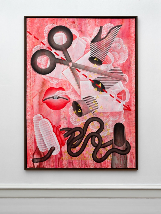 Jen Liu, Pink Slime Caesar Shift: Triple A Chop Chop, 2018. Acrylic ink, acrylic gouache, and gold acrylic on paper, 183 x 129,5 cm. Photo: Gert Jan van Rooij. Jen Liu, Pink Slime Caesar Shift: Triple A Chop Chop, 2018. Acrylic ink, acrylic gouache, and gold acrylic on paper, 183 x 129,5 cm. Photo: Gert Jan van Rooij.