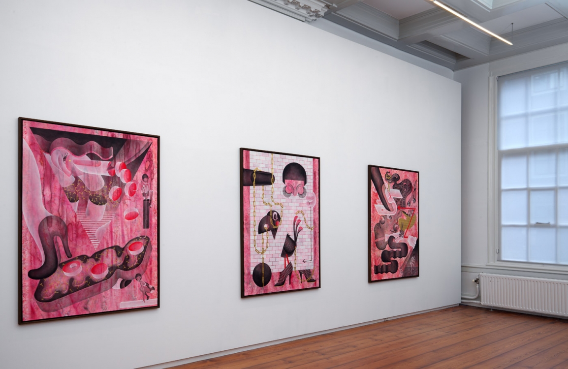 Jen Liu, PINK SLIME CAESAR SHIFT (2018), exhibition overview. Photo: Gert Jan van Rooij. Jen Liu, PINK SLIME CAESAR SHIFT (2018), exhibition overview. Photo: Gert Jan van Rooij.