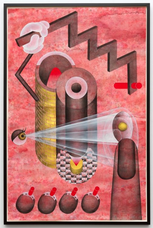 The Pink Detachment: Principle of Secure Infrastructure, 2016. Acrylic ink, acrylic gouache, gesso and gold watercolor on paper, 130 x 84 cm. Photo: Gert Jan van Rooij. The Pink Detachment: Principle of Secure Infrastructure, 2016. Acrylic ink, acrylic gouache, gesso and gold watercolor on paper, 130 x 84 cm. Photo: Gert Jan van Rooij.