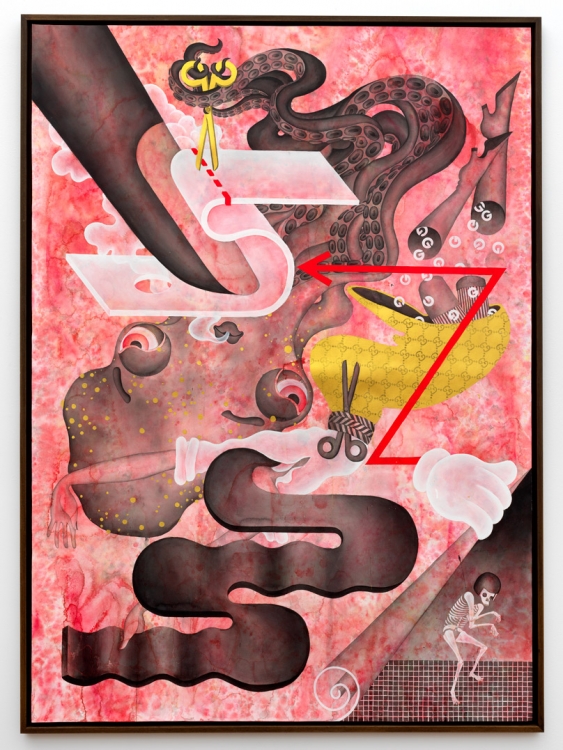 Jen Liu, Pink Slime Caesar Shift: Octopus Assassin Guggi Edition, 2018. Acrylic ink, acrylic gouache, and gold acrylic on paper, 183 x 129,5 cm. Photo: Gert Jan van Rooij. Jen Liu, Pink Slime Caesar Shift: Octopus Assassin Guggi Edition, 2018. Acrylic ink, acrylic gouache, and gold acrylic on paper, 183 x 129,5 cm. Photo: Gert Jan van Rooij.