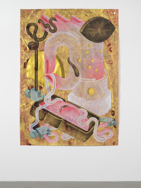 Gold Loop, Handsy Sandwich, 2019. Acrylic ink, acrylic gouache, gesso and gold watercolor on paper. Gold Loop, Handsy Sandwich, 2019. Acrylic ink, acrylic gouache, gesso and gold watercolor on paper.