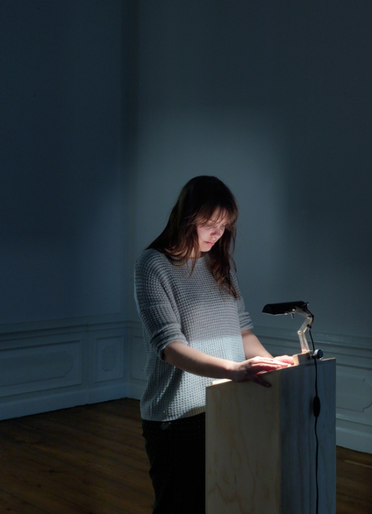 'Exhibition in Your Hand II', 2012, sound clip, printed text, wooden installation with lamp. 'Exhibition in Your Hand II', 2012, sound clip, printed text, wooden installation with lamp.