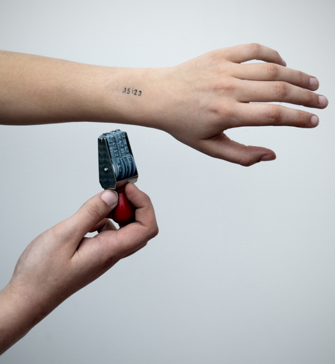 'Today's Schedule', 2013, performance, skin safe ink stamps, dimensions variable. 'Today's Schedule', 2013, performance, skin safe ink stamps, dimensions variable.