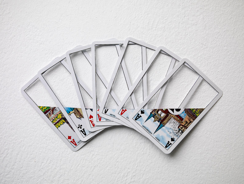 'A Handfull Skyline (Player II)', 2013, Playing cards.
Before the invention of the elevator, life was organized more horizontally. Since the elevator it is possible to live vertically. The result of this vertical life is the rise of the Skyline, the contours of a city. 
Photo: Gert Jan van Rooij 'A Handfull Skyline (Player II)', 2013, Playing cards.
Before the invention of the elevator, life was organized more horizontally. Since the elevator it is possible to live vertically. The result of this vertical life is the rise of the Skyline, the contours of a city. 
Photo: Gert Jan van Rooij