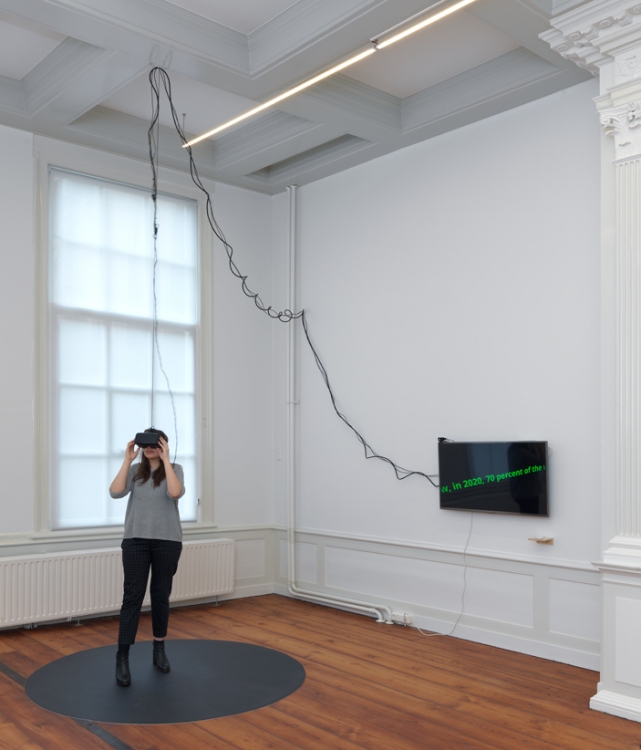 'Rehearsing the Future', 2016, text in virtual divide, Oculus Rift, flat screen, vinyl floor. 'Rehearsing the Future', 2016, text in virtual divide, Oculus Rift, flat screen, vinyl floor.