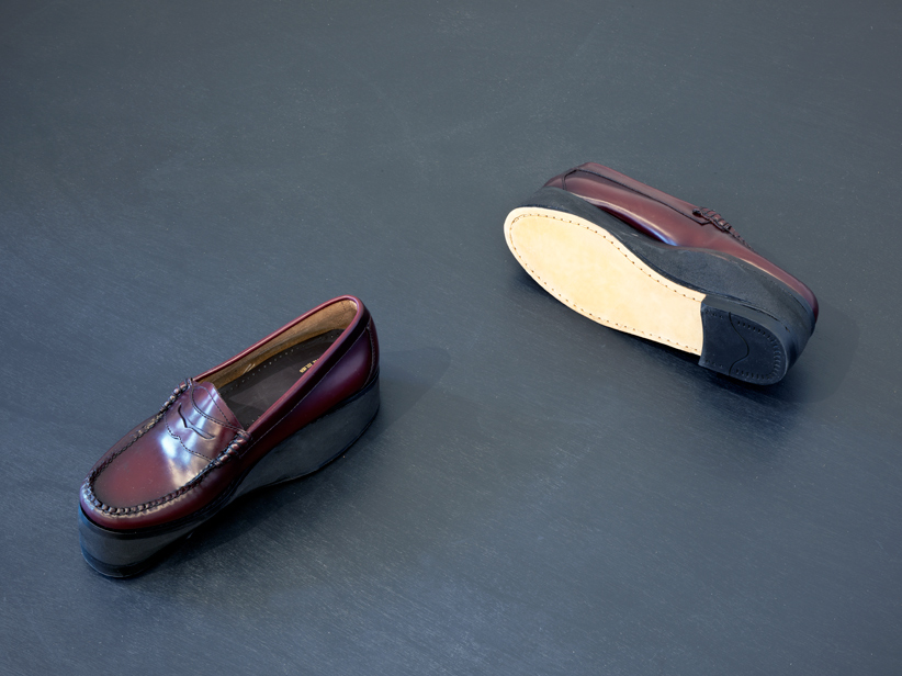 'The Future is Behind (Penny Loafers)', 2016, pair of wearable shoes, welded installation. 'The Future is Behind (Penny Loafers)', 2016, pair of wearable shoes, welded installation.