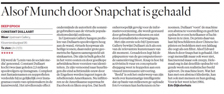 Review (NL) of 'Deep Epoch' by Constant Dullaart in Parool