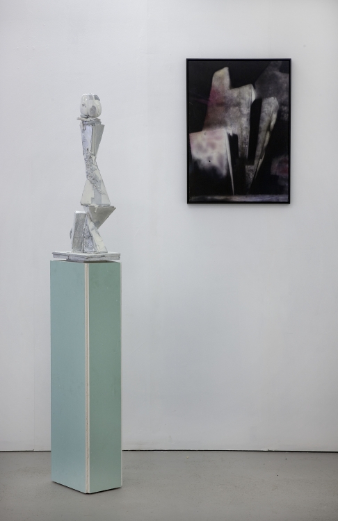 'Brancusi', 2010, ceramics and paint, 169 x 29 x 26 cm &
'Dropping ashes from my fingers I', 2011, mixed media on wood, 72 x 52 cm 'Brancusi', 2010, ceramics and paint, 169 x 29 x 26 cm &
'Dropping ashes from my fingers I', 2011, mixed media on wood, 72 x 52 cm