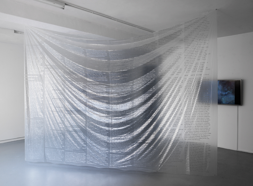 Fabienne Hess, Terms & Conditions 1/4, 2015
Dust Sheet and silver marker, 260 x 270 cm	
Courtesy of the artist Fabienne Hess, Terms & Conditions 1/4, 2015
Dust Sheet and silver marker, 260 x 270 cm	
Courtesy of the artist