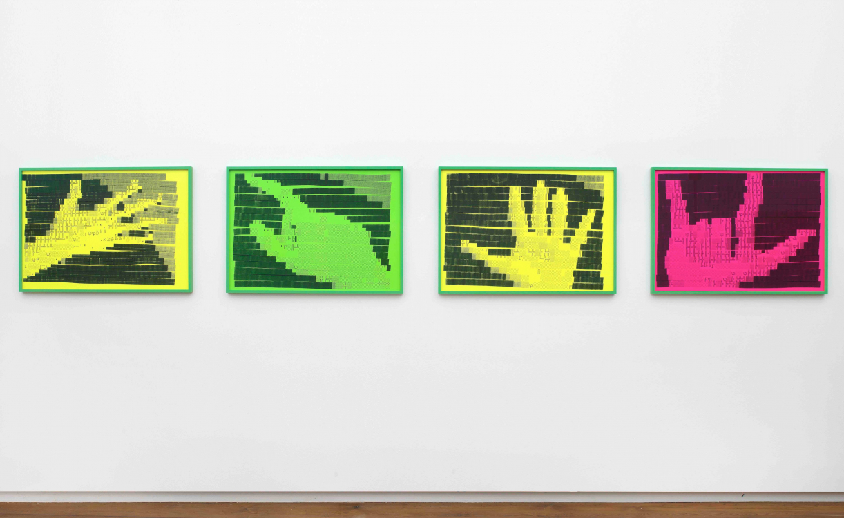 ACII, Reach on Yellow, Point on Green, Wave on Yellow and Love on Pink (2023) by Constant Dullaart installed at Sunsetting Inconsistencies at Upstream Gallery  ACII, Reach on Yellow, Point on Green, Wave on Yellow and Love on Pink (2023) by Constant Dullaart installed at Sunsetting Inconsistencies at Upstream Gallery