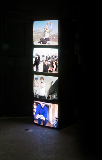 DVD screensaver performances, 2009-2011, 4 stacked Hantarex video monitor cubes  DVD screensaver performances, 2009-2011, 4 stacked Hantarex video monitor cubes