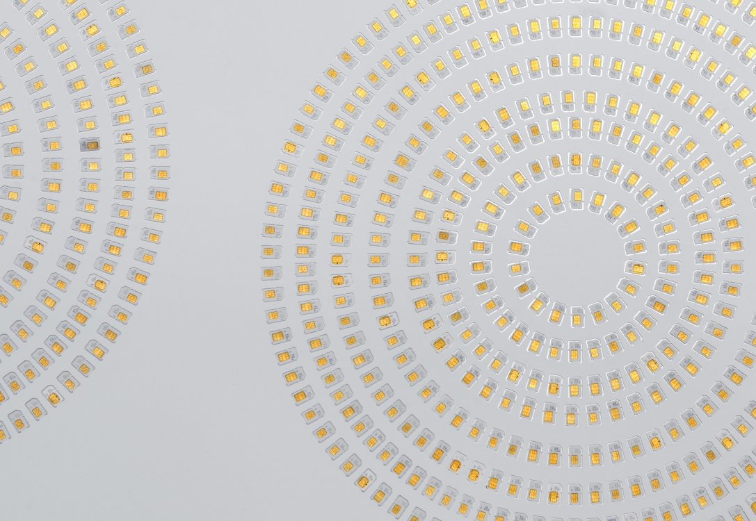 PVA Composition (Circles, gold side), detail, 2016 
Forex, aluminium, sim cards, 117 x 182 cm 
Photo: Gert Jan van Rooij PVA Composition (Circles, gold side), detail, 2016 
Forex, aluminium, sim cards, 117 x 182 cm 
Photo: Gert Jan van Rooij