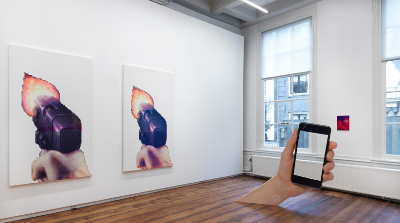 Left: 'Come Get Some', 2014, 4-color screenprint series, acrylic on canvas, 230 x 180cm.
Right: 'Point of View', 2015, 4-color inkjet print on vinyl, wood. 221 x 170cm.
Photo: Gert Jan van Rooij Left: 'Come Get Some', 2014, 4-color screenprint series, acrylic on canvas, 230 x 180cm.
Right: 'Point of View', 2015, 4-color inkjet print on vinyl, wood. 221 x 170cm.
Photo: Gert Jan van Rooij