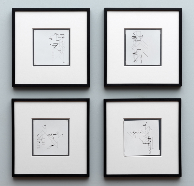 P-018-mf_11, 14, 20, 21 (1969). Light beam plotter drawing on photographic paper. In the group exhibition Live and Let Live (2018) at Upstream Gallery. Photo: Gert Jan van Rooij. P-018-mf_11, 14, 20, 21 (1969). Light beam plotter drawing on photographic paper. In the group exhibition Live and Let Live (2018) at Upstream Gallery. Photo: Gert Jan van Rooij.