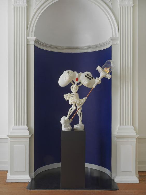 Pre-Exobody, 2025, 3d printed PLA, buttons, sand, glass, USB-C cable, copper, plexiglass, iPad, appr. 120 x 100 x 45 cm Pre-Exobody, 2025, 3d printed PLA, buttons, sand, glass, USB-C cable, copper, plexiglass, iPad, appr. 120 x 100 x 45 cm