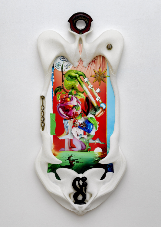 They Are Together, But Also Together, 2025, Print on canvas, acrylic, 3D printed PLA, second life objects, 127 x 60 x 12 cm They Are Together, But Also Together, 2025, Print on canvas, acrylic, 3D printed PLA, second life objects, 127 x 60 x 12 cm