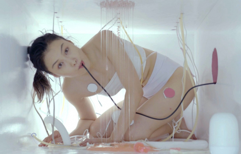 Jen Liu’s video Pink Slime Caesar Shift: Electropore (2021) in The Kitchen OnScreen