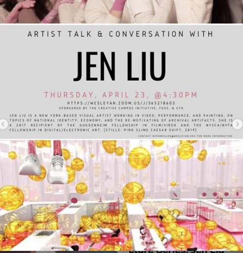 Jen Liu artist talk and conversation 23 april, 4.30 (EST)